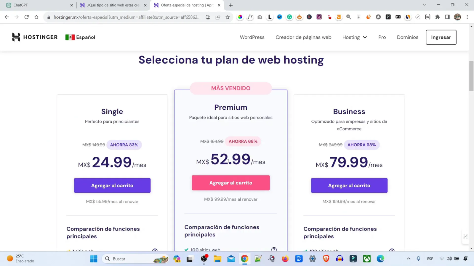 Seleccionando un plan en Hostinger