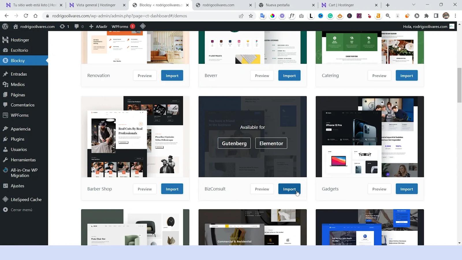 Importando una plantilla de inicio