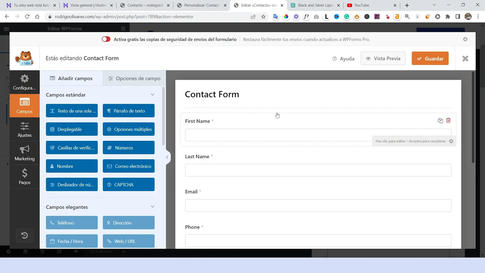 Editando el formulario de contacto