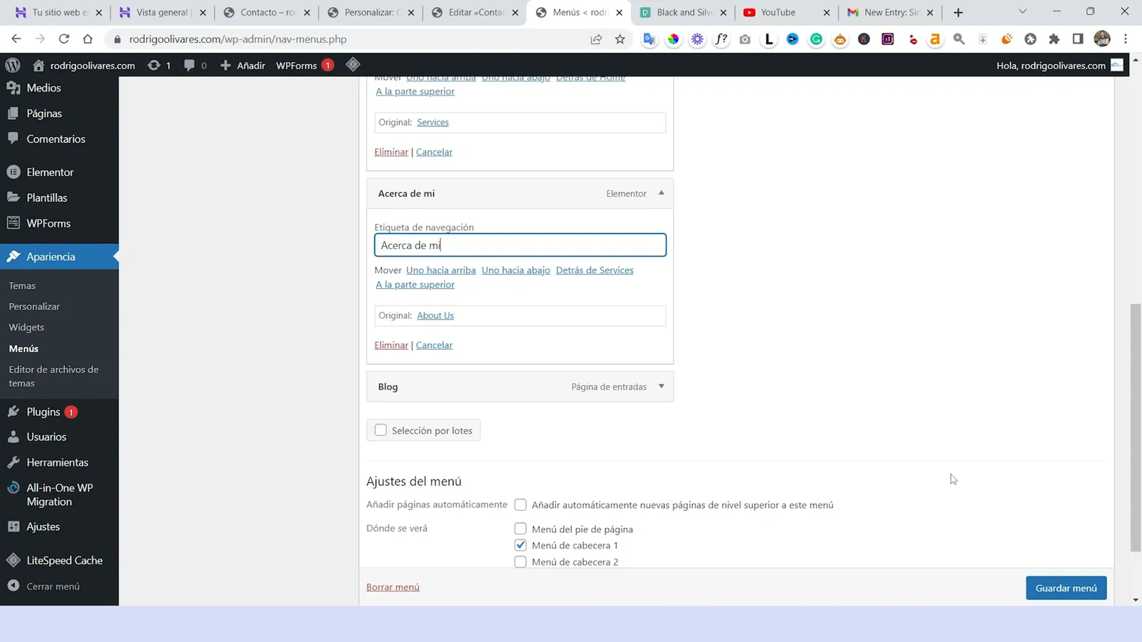 Guardando cambios en el menú