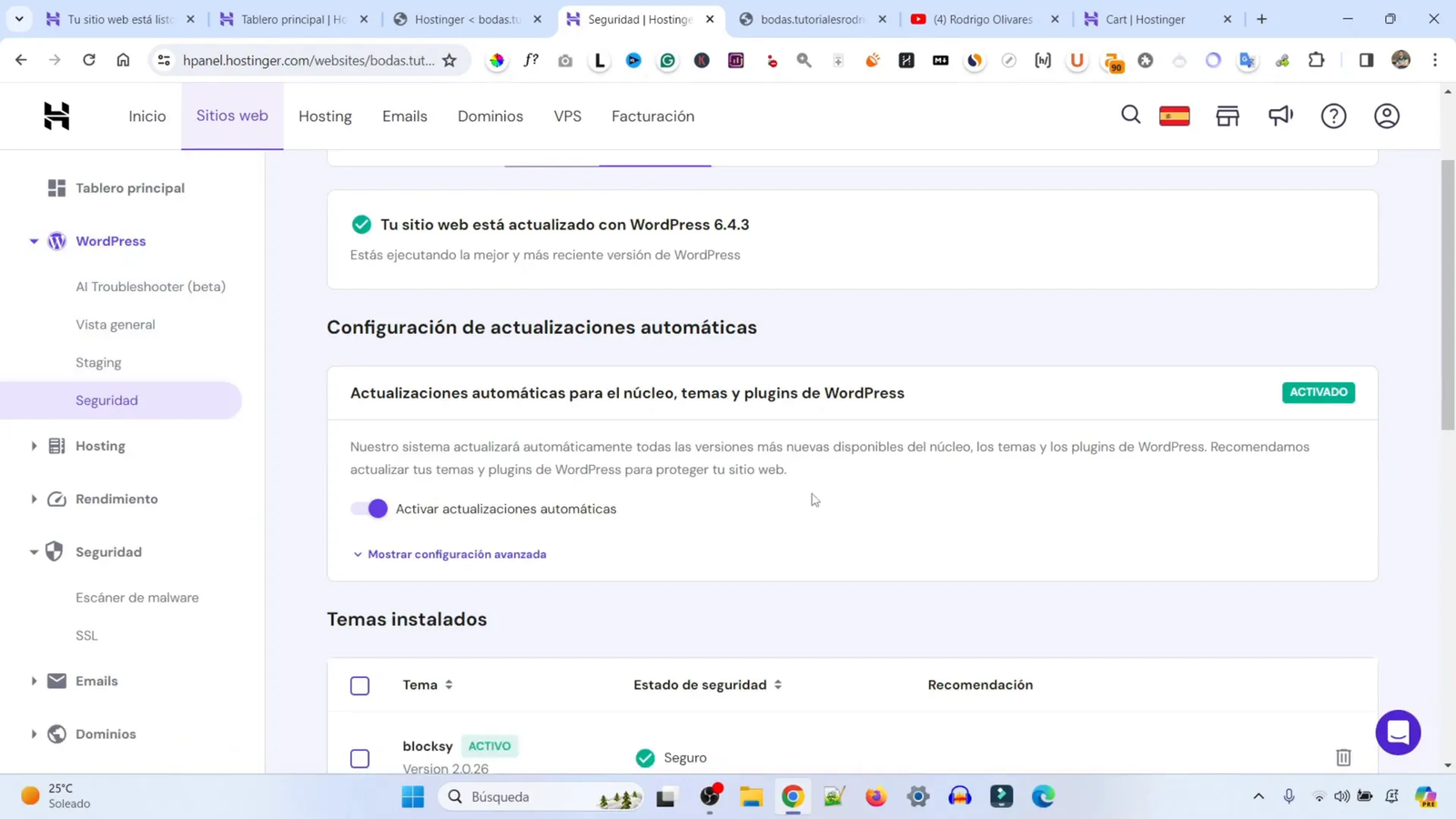 Opciones de seguridad en hPanel