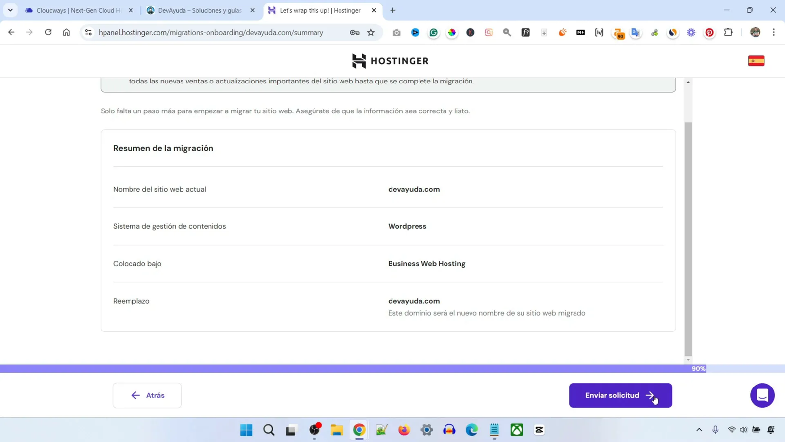 Cómo Migrar WordPress a Hostinger en 5 Minutos 7 Notificación de inicio de la migración
