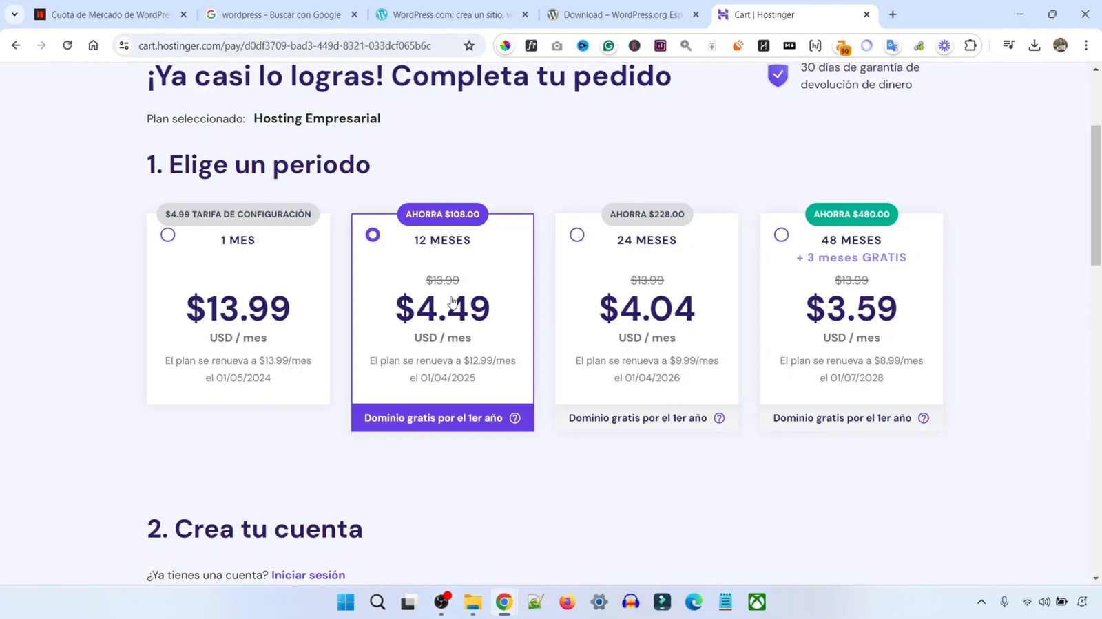 Seleccionando el Plan de Hosting