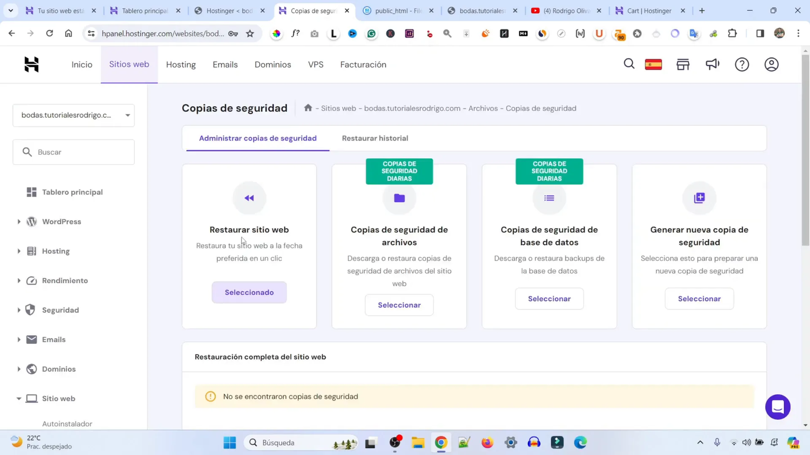 Opciones de copias de seguridad en hPanel