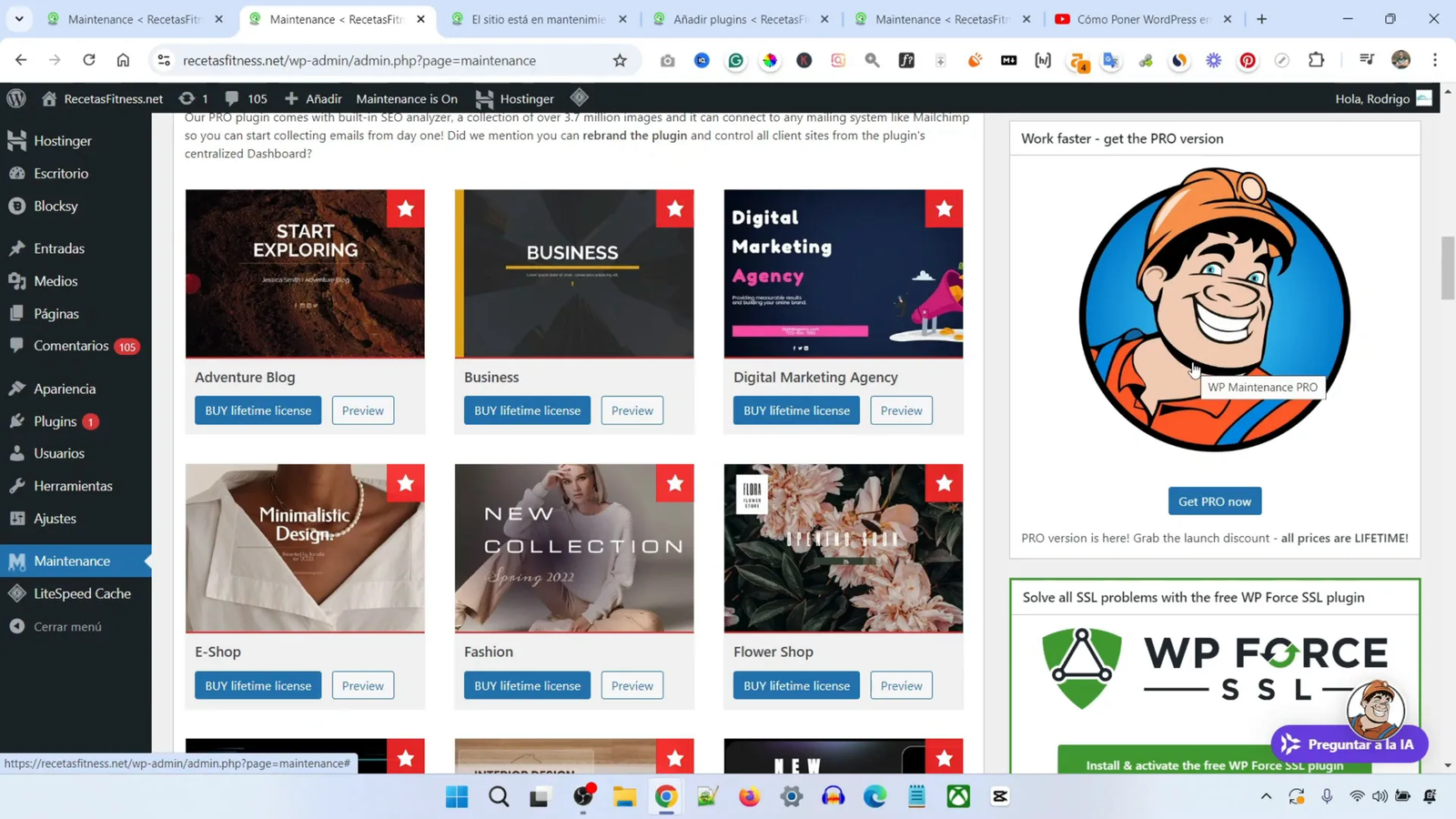Opciones de plantillas en el plugin Maintenance