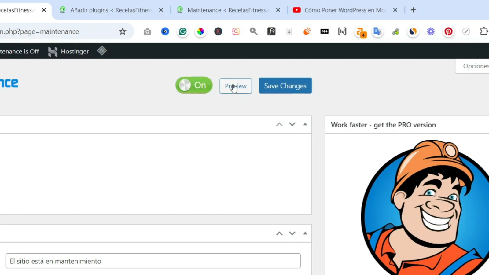 Activación del modo mantenimiento en el plugin Maintenance