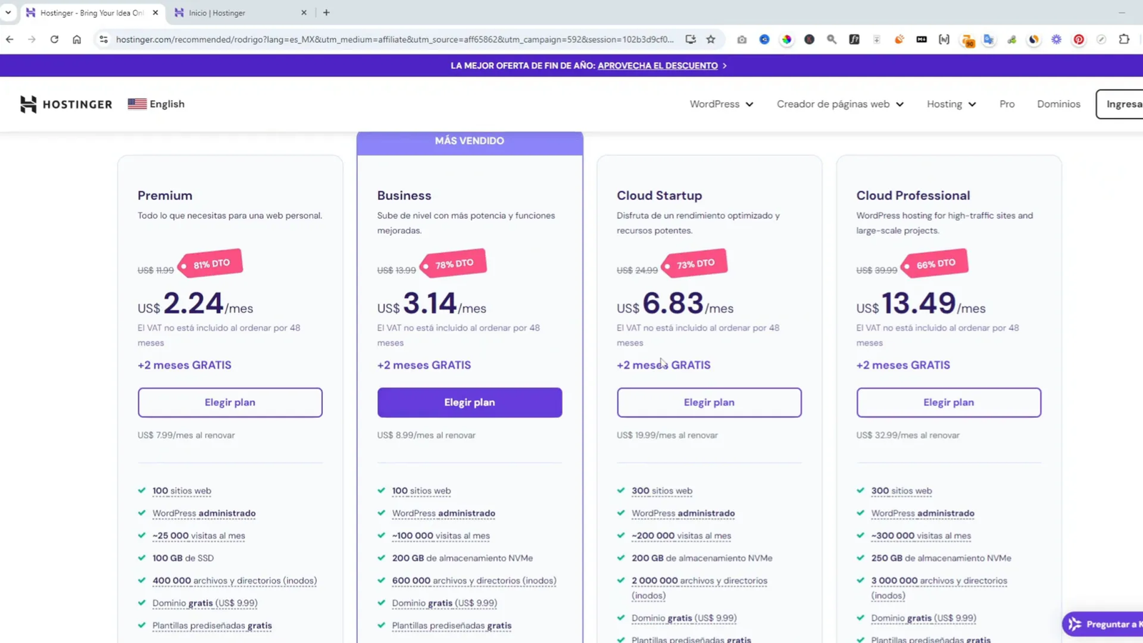 Planes de hosting de Hostinger