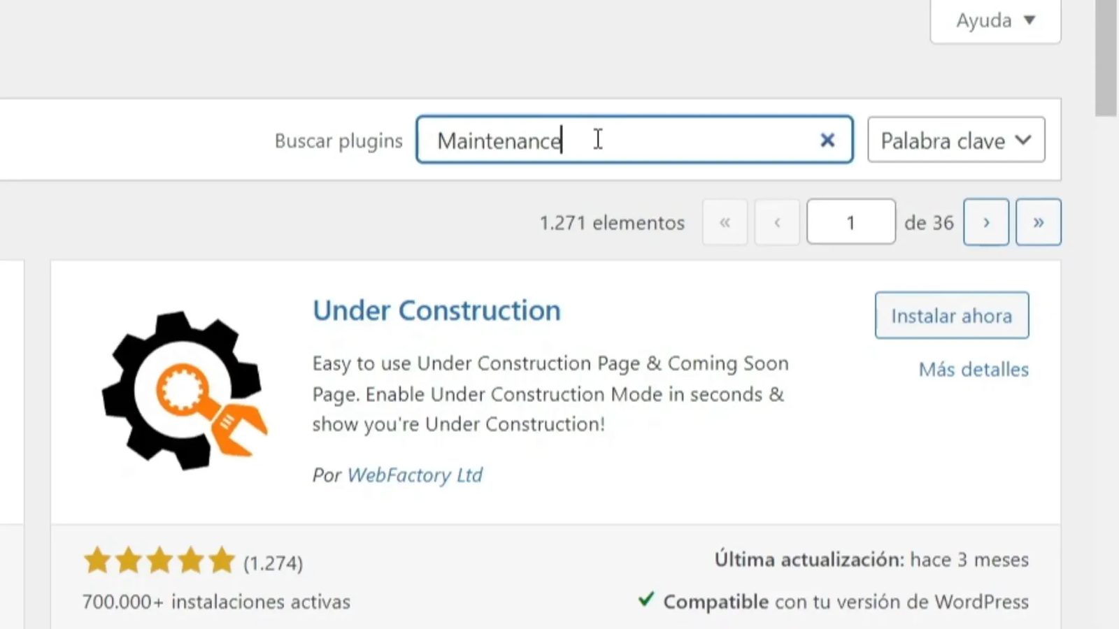 Instalación del plugin Maintenance en WordPress