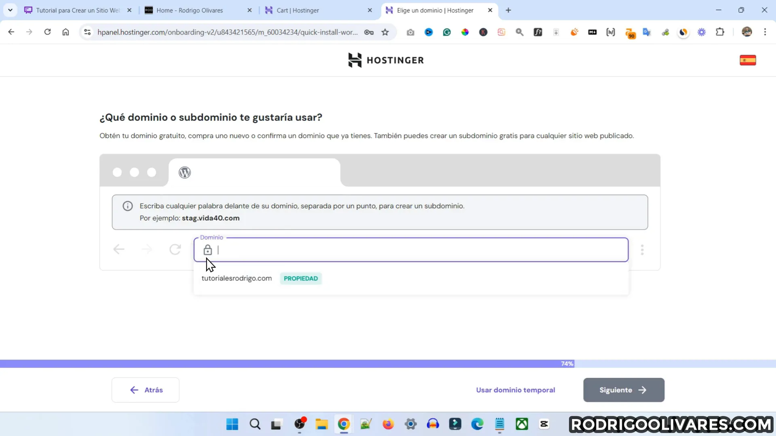 Pantalla de configuración de dominio