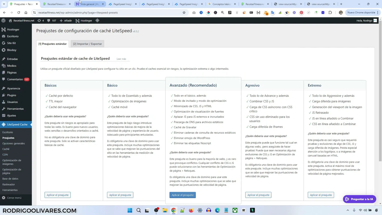 Configuraciones predefinidas de LiteSpeed Cache