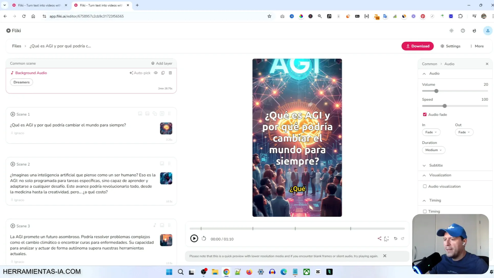 Cómo Crear Videos con IA usando Fliki en 2025 8 Pantalla de previsualización en Fliki