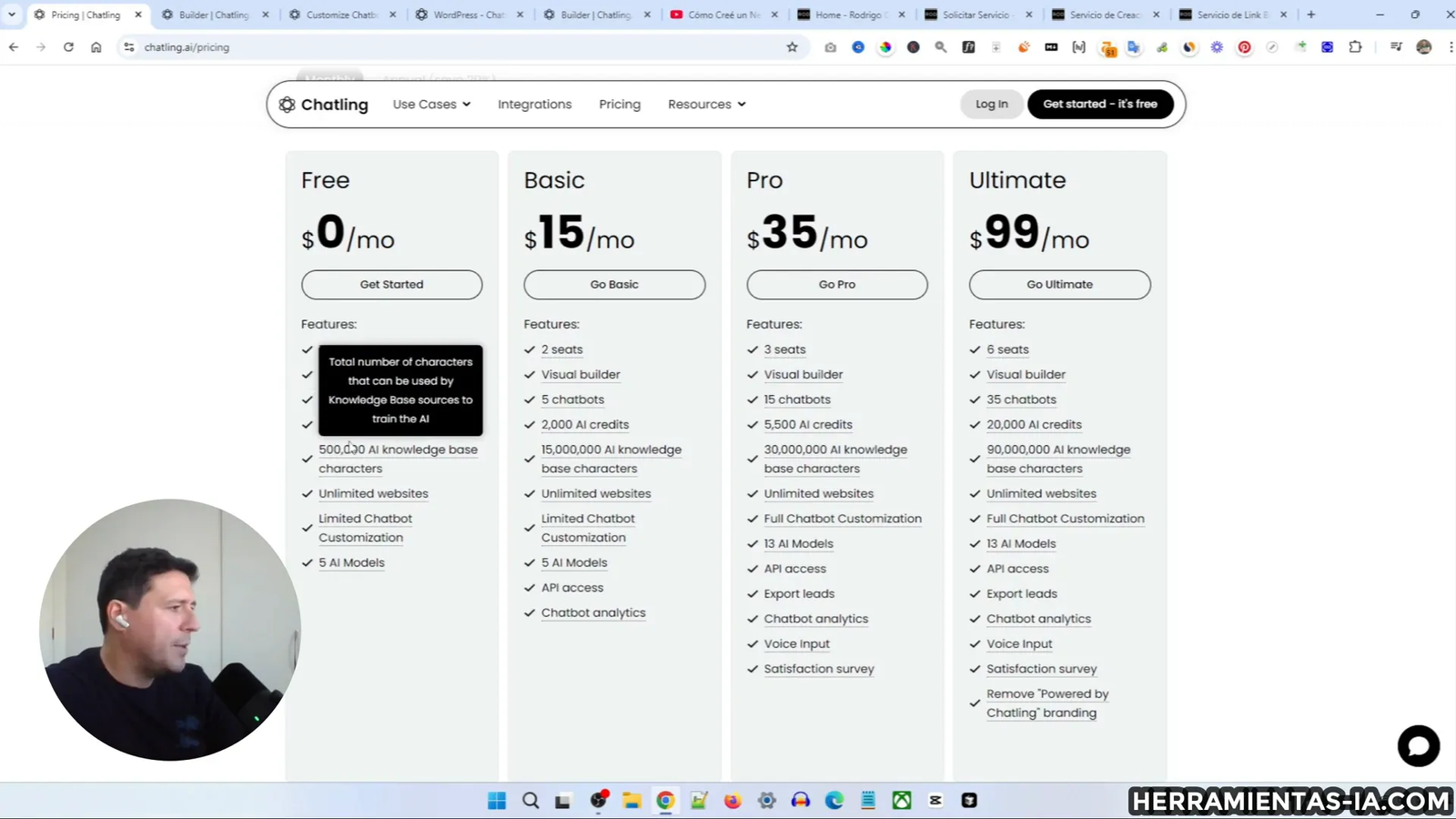 Tabla de precios del chatbot