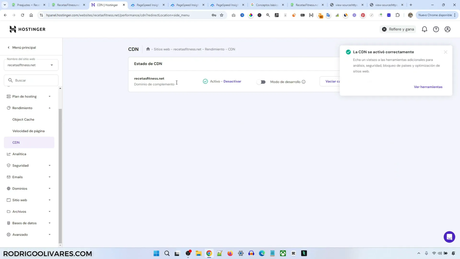 Activación de CDN en el panel de Hostinger