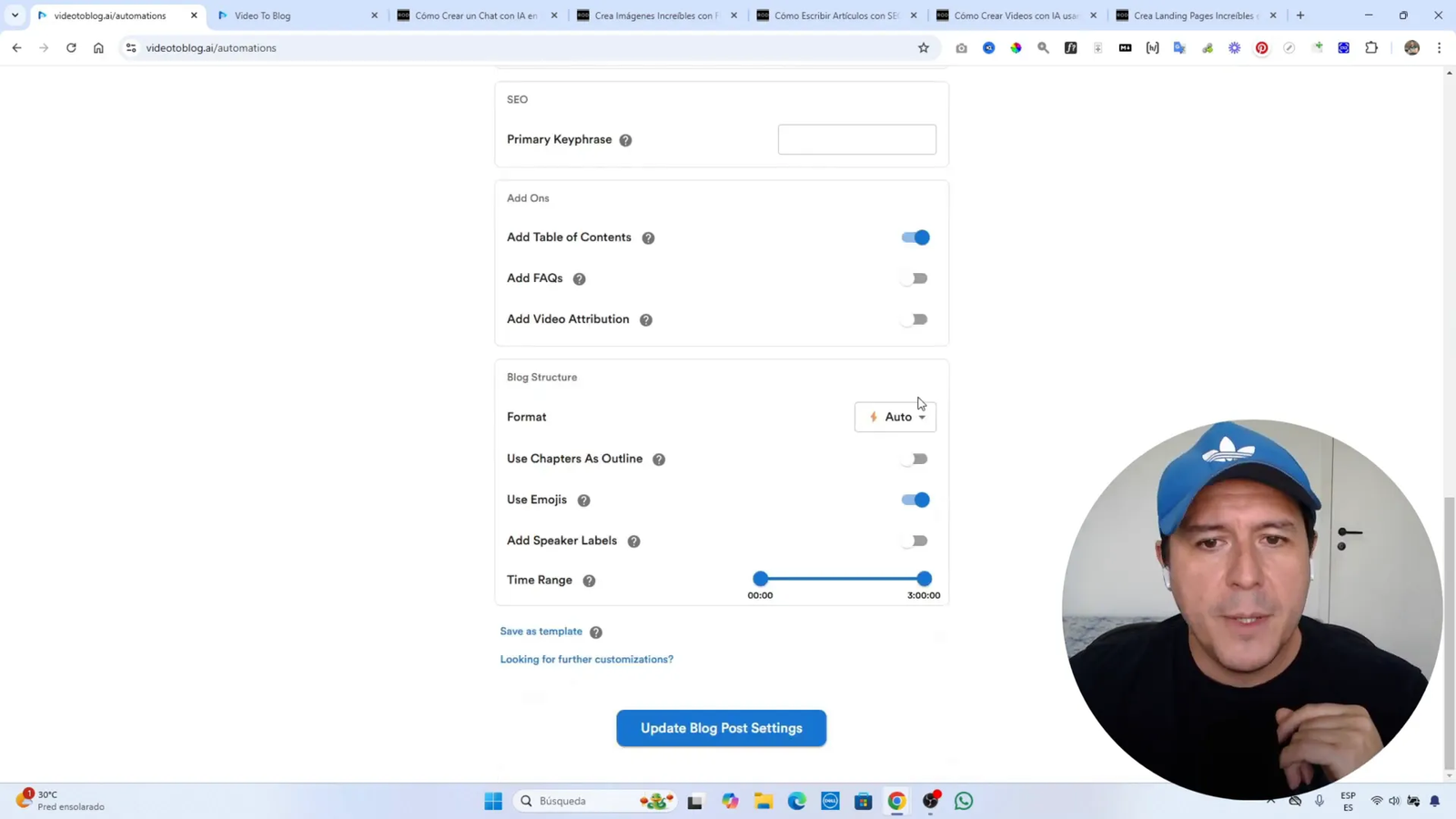 Opciones de personalización en VideoToBlog