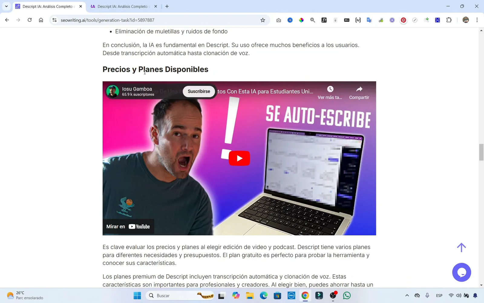 Ejemplo de un artículo de comparación entre productos
