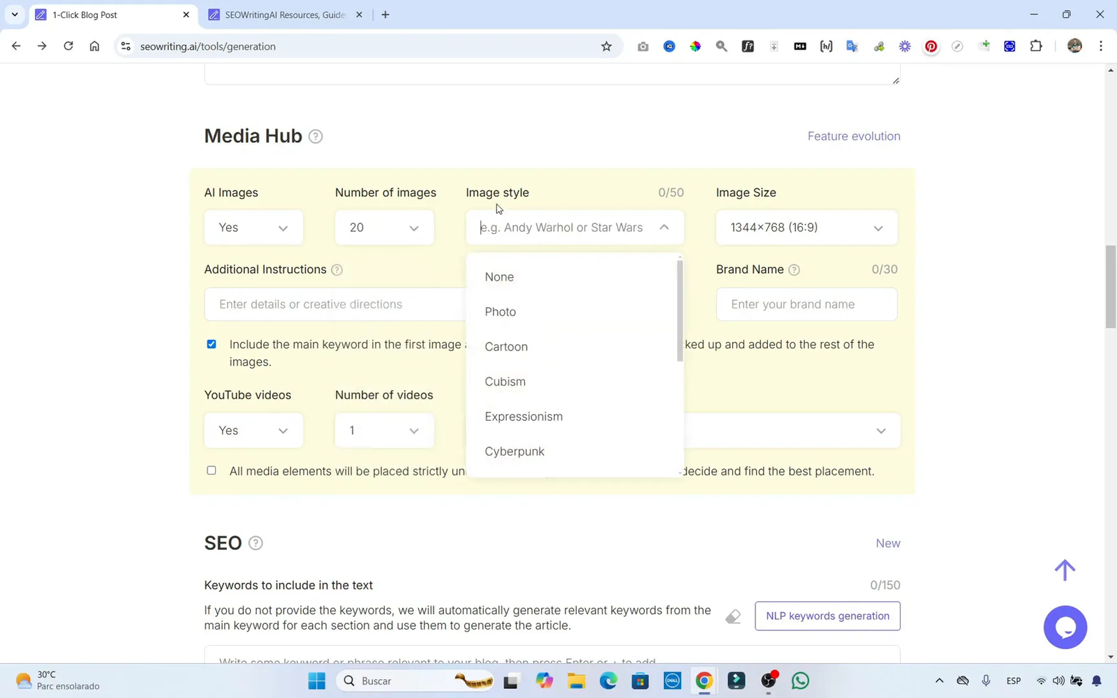 Cómo Escribir Artículos con SEOWriting Correctamente (Tutorial 2025) 11 Opciones de imagen en SEOWriting