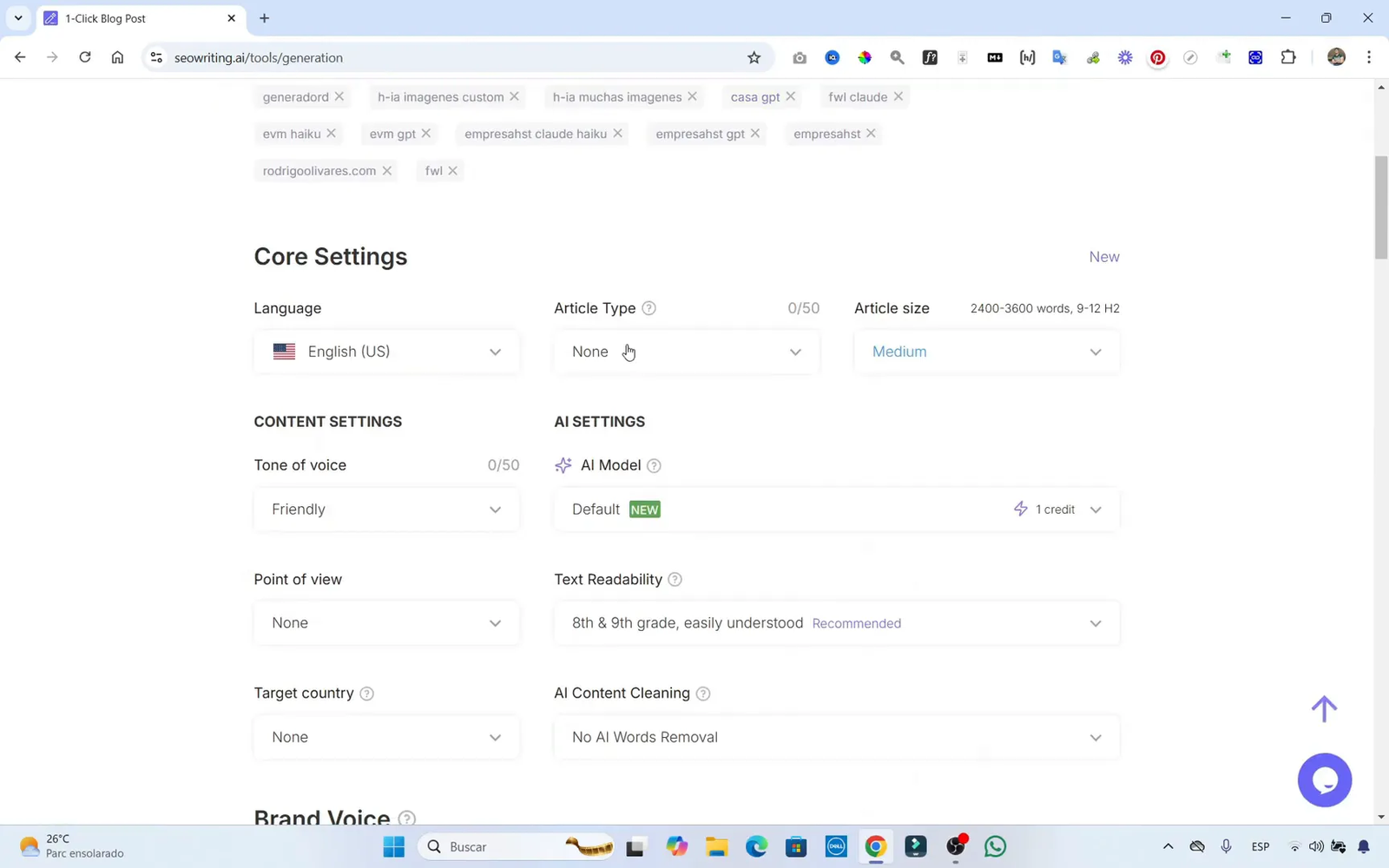 Dashboard de SEO Writing mostrando opciones de generación de artículos