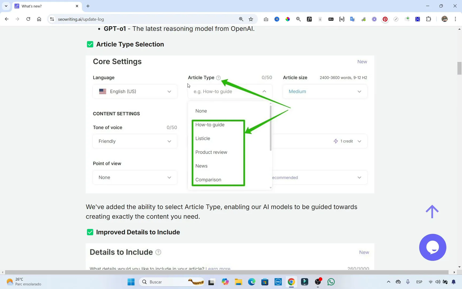 Interfaz de selección de tipo de artículo en SEO Writing