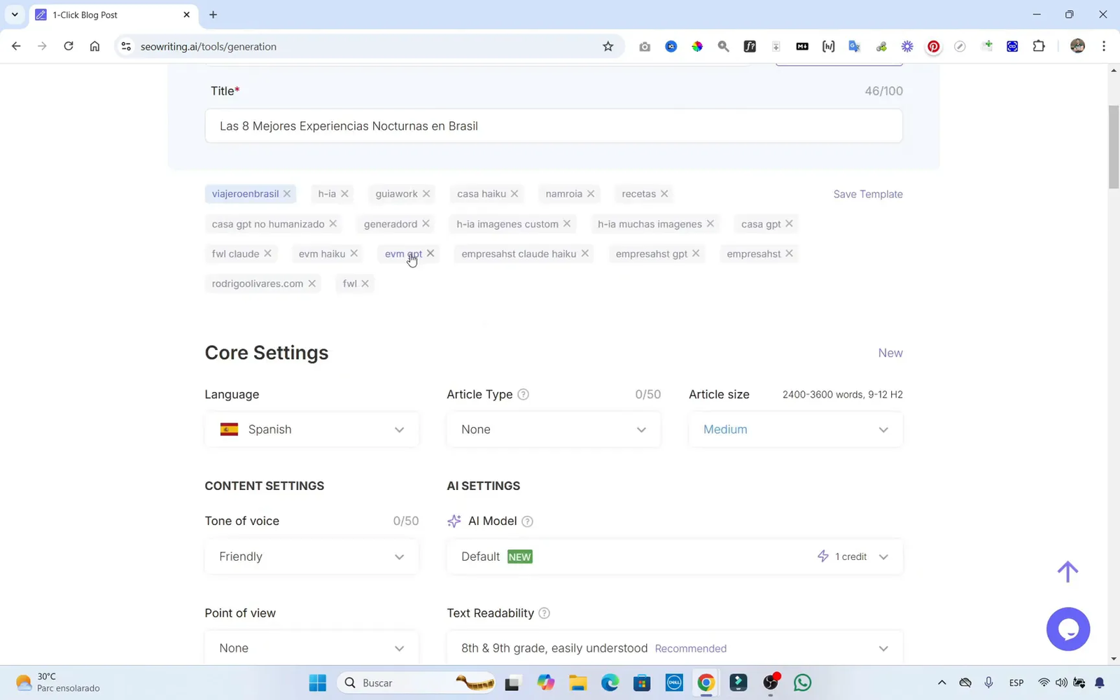 Cómo Escribir Artículos con SEOWriting Correctamente (Tutorial 2025) 7 Seleccionando tipo de artículo y modelo en SEOWriting