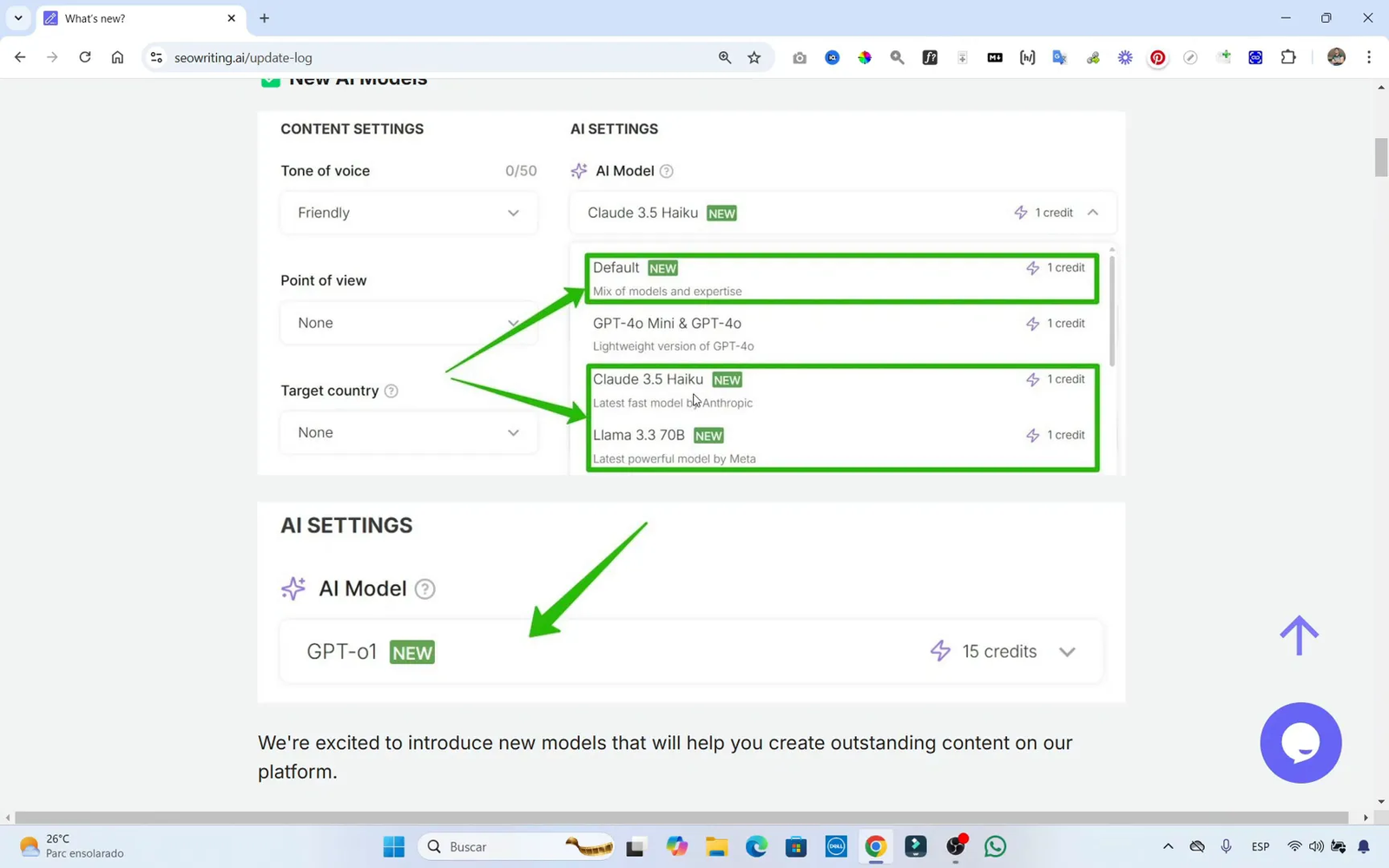 Opciones de créditos y modelos en SEO Writing