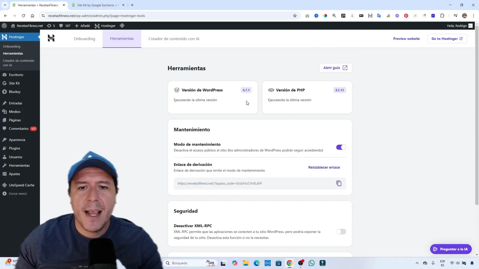 Pestaña de herramientas en Hostinger