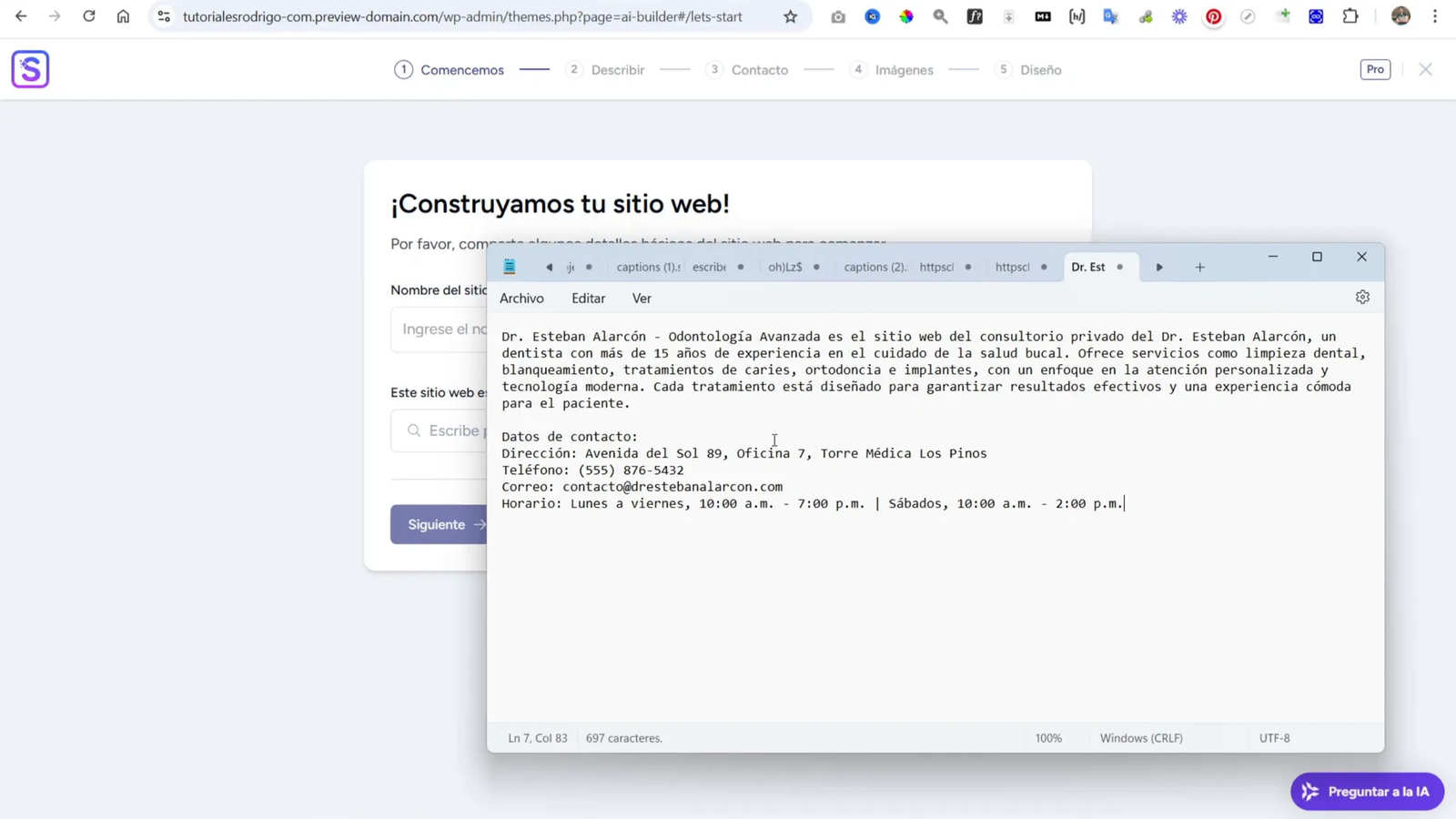 Cómo Hacer un Sitio Web para Dentista con WordPress + IA + Hostinger 11 Construyendo el sitio web con IA