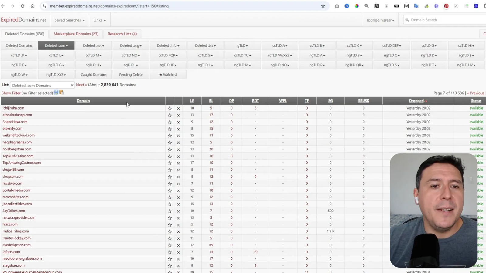 Interfaz de filtrado de dominios expirados