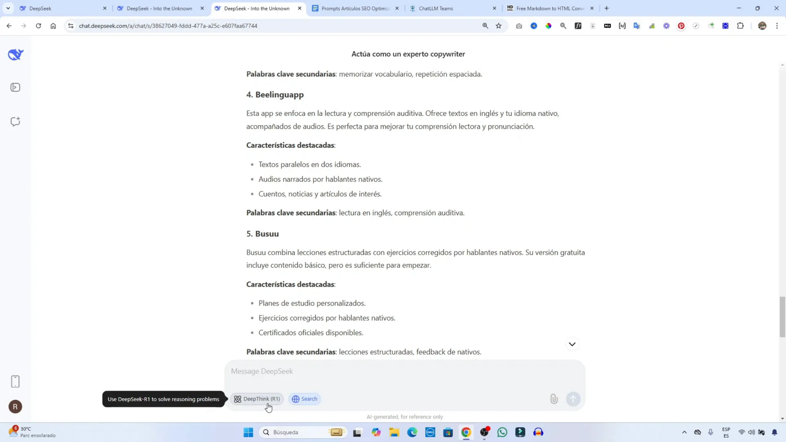 Comparación de modos de escritura en Deepseek