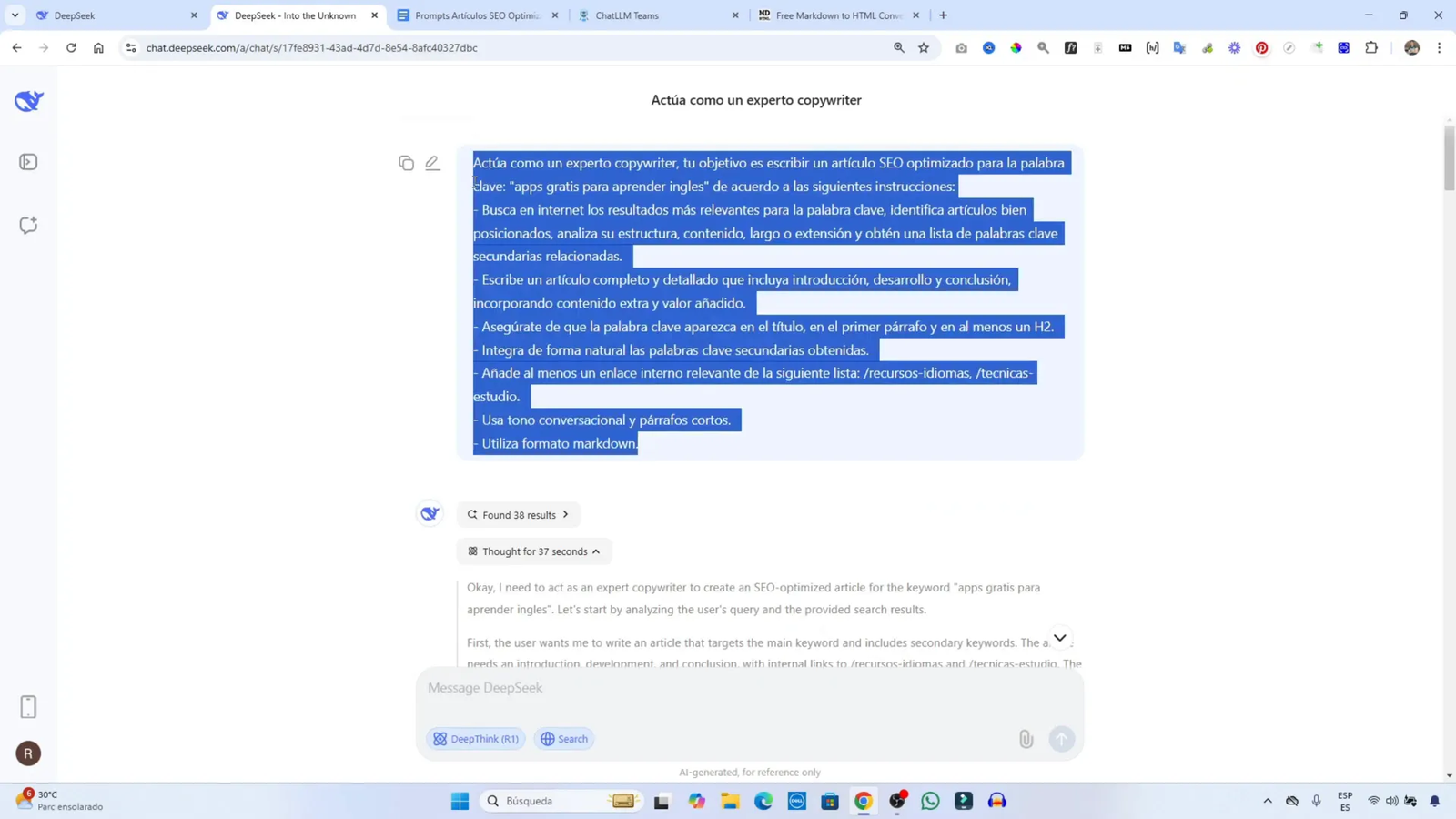 Proceso de razonamiento de Deepseek