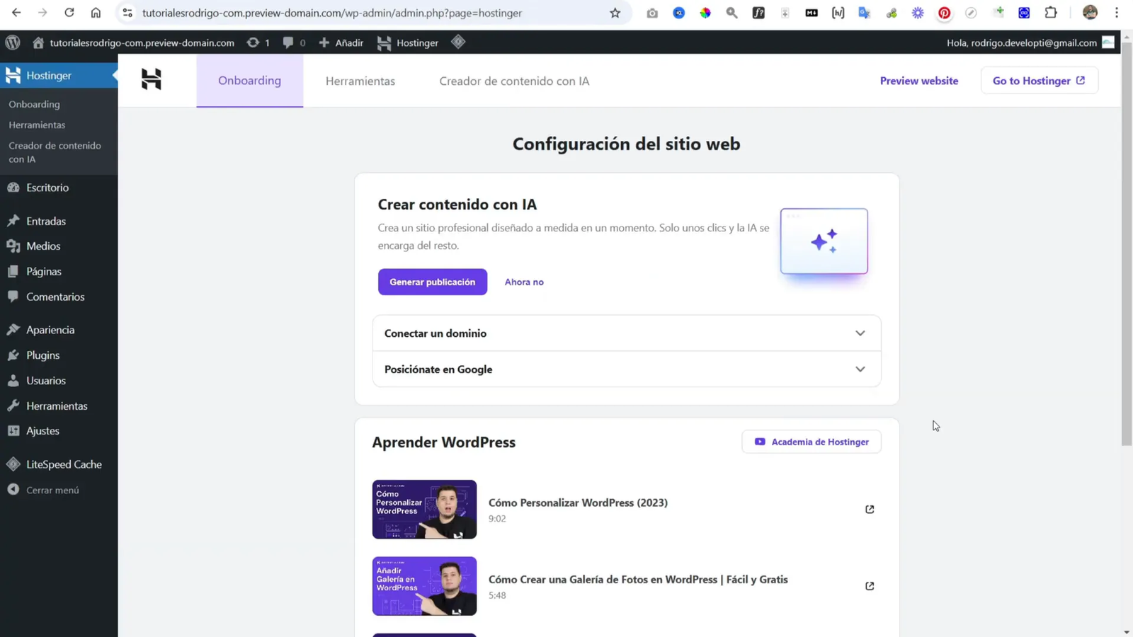 Cómo Hacer un Sitio Web para Dentista con WordPress + IA + Hostinger 5 Panel de administración de WordPress