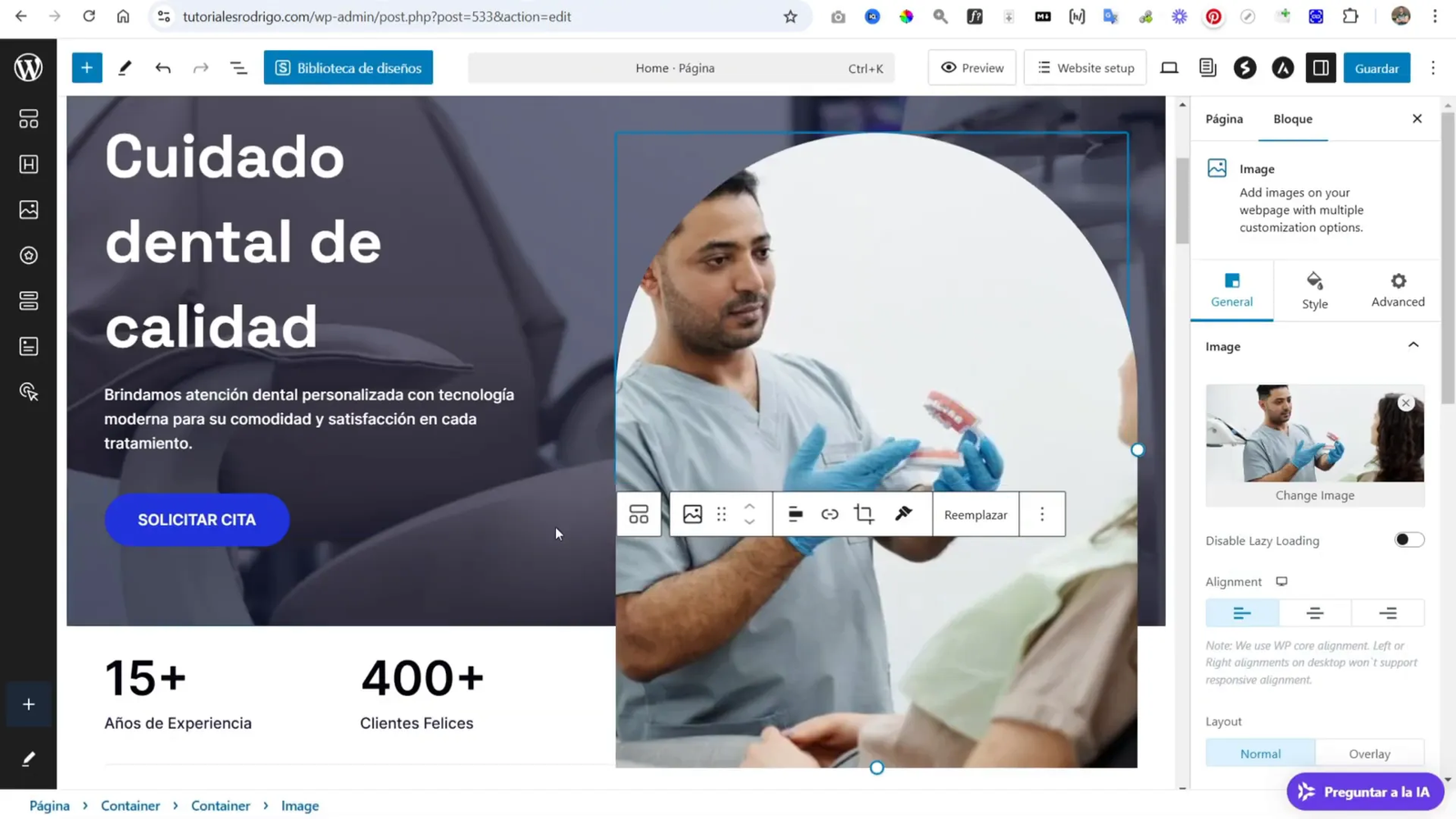 Cómo Hacer un Sitio Web para Dentista con WordPress + IA + Hostinger 15 Modificando el contenido del sitio