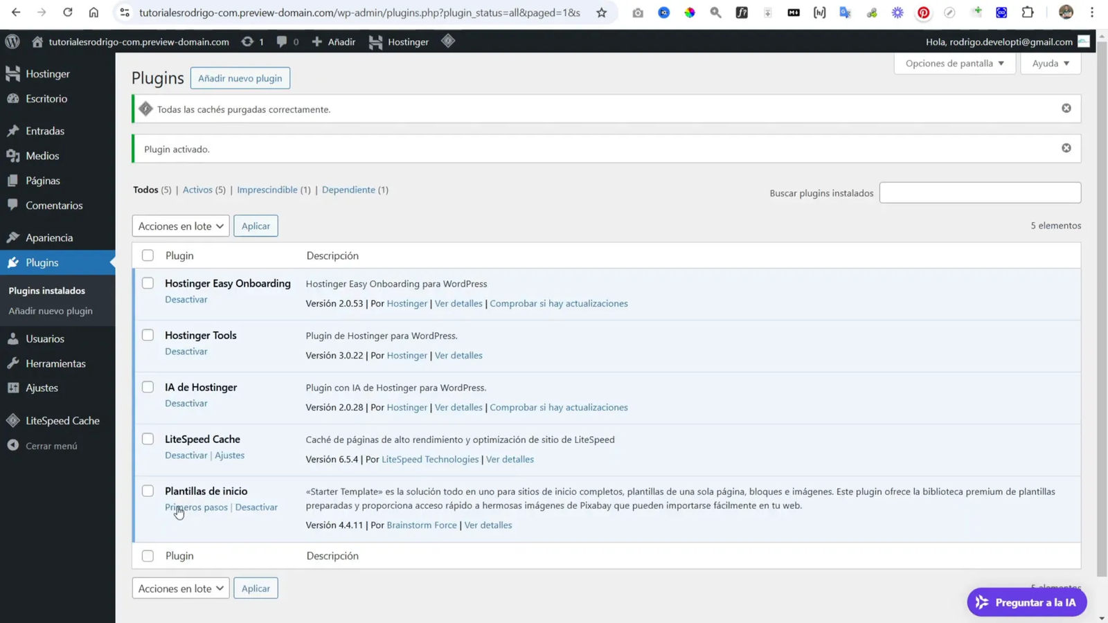 Cómo Hacer un Sitio Web para Dentista con WordPress + IA + Hostinger 6 Instalación del plugin Started Sites
