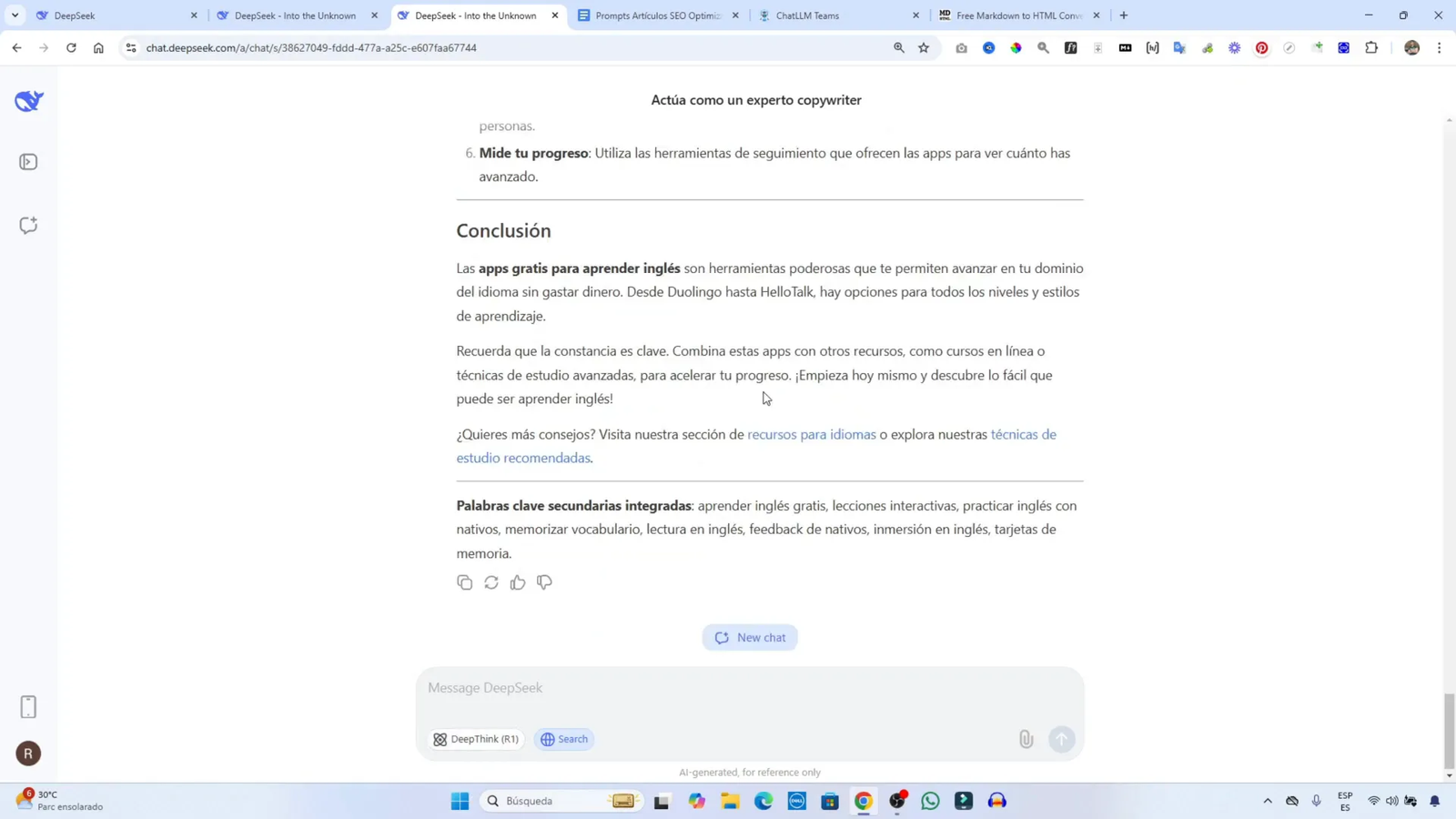 Análisis de resultados de escritura en Deepseek
