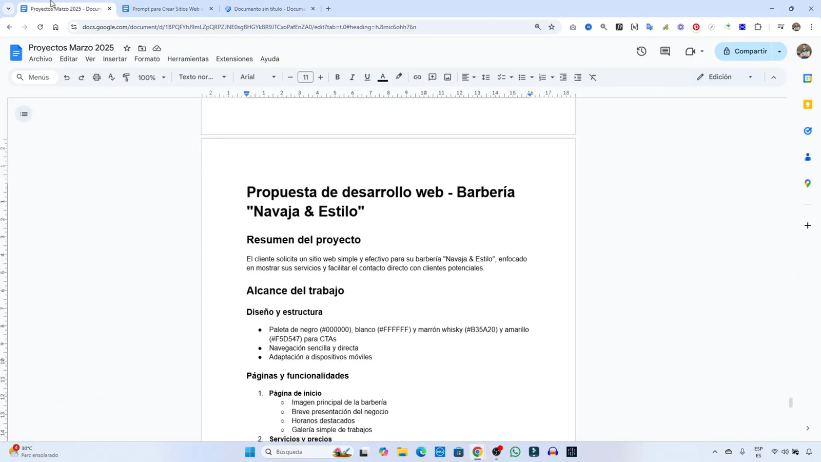 Copia mi Método: Crea Sitios Web Completos para Clientes o para Ti usando IA 2 Preparación del documento para el proyecto
