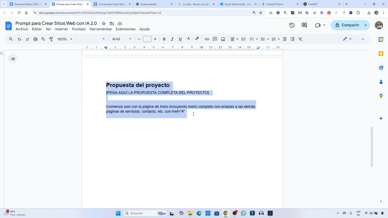 Ejemplo de un prompt para creación de sitio web