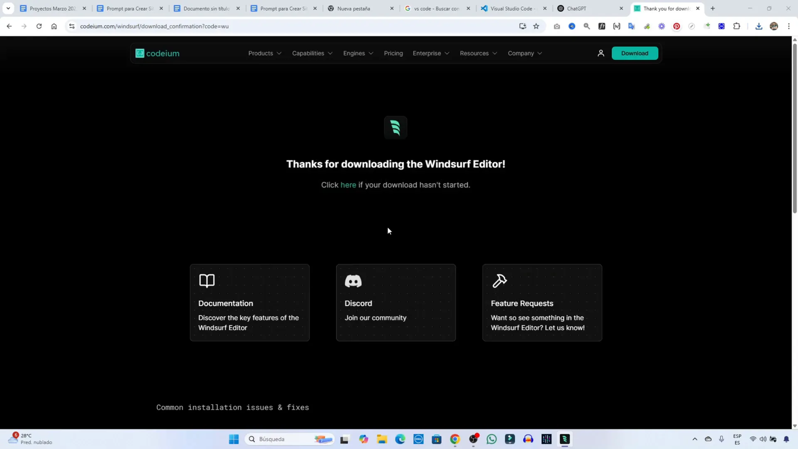 Proceso de instalación de Windsorf
