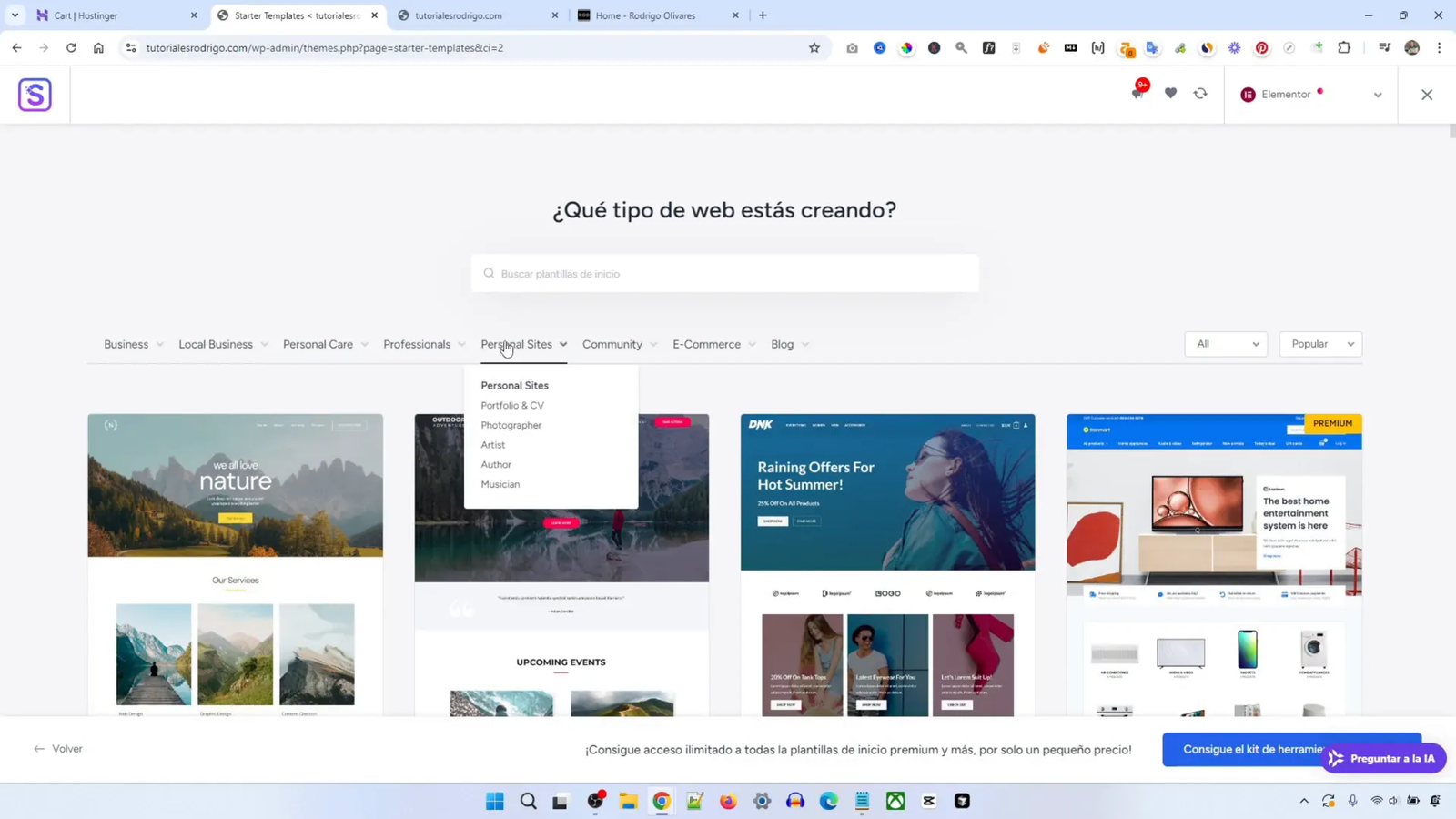 Selección de plantilla personal en Starter Templates