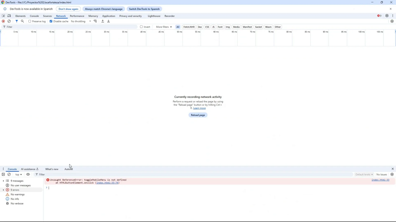 Consola del navegador mostrando error