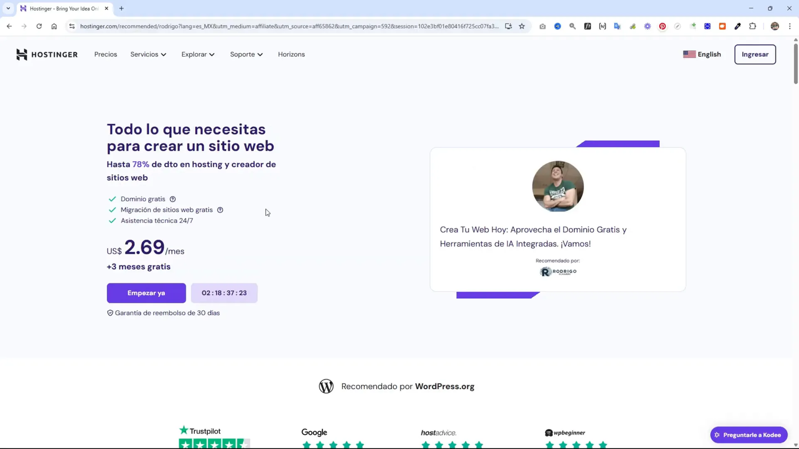 Landing page de Hostinger con cupón aplicado