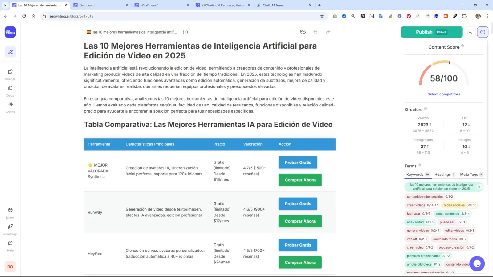 Crea Increíbles Páginas Web con este Agente IA para SEO 6 Ejemplo de tabla comparativa de herramientas de IA
