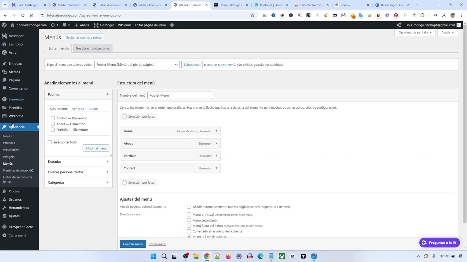 Editar menú y páginas en WordPress