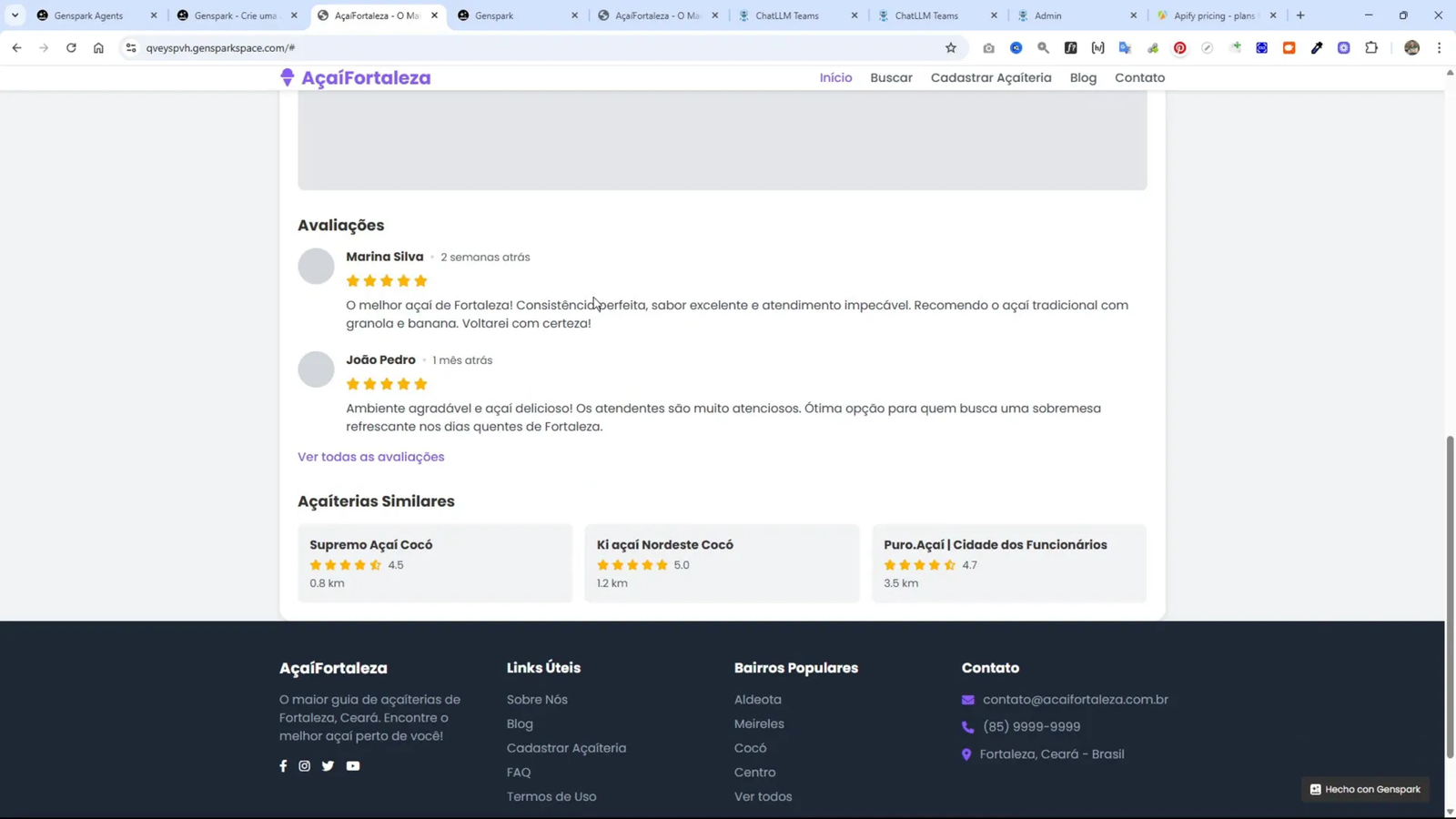 Detalle de un local de açaí con información y enlaces a Instagram y WhatsApp