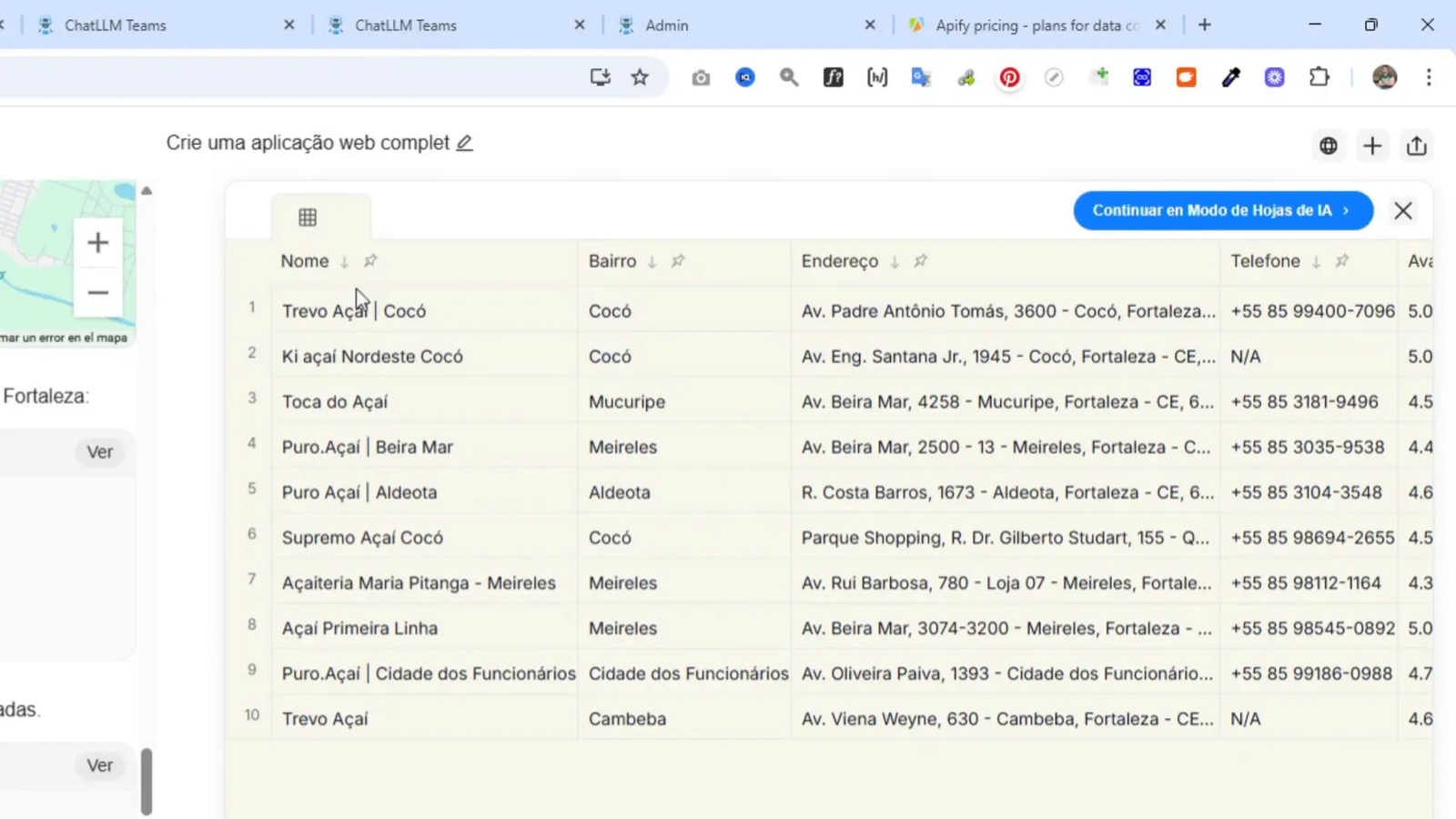 Base de datos con información detallada de locales de açaí generada automáticamente