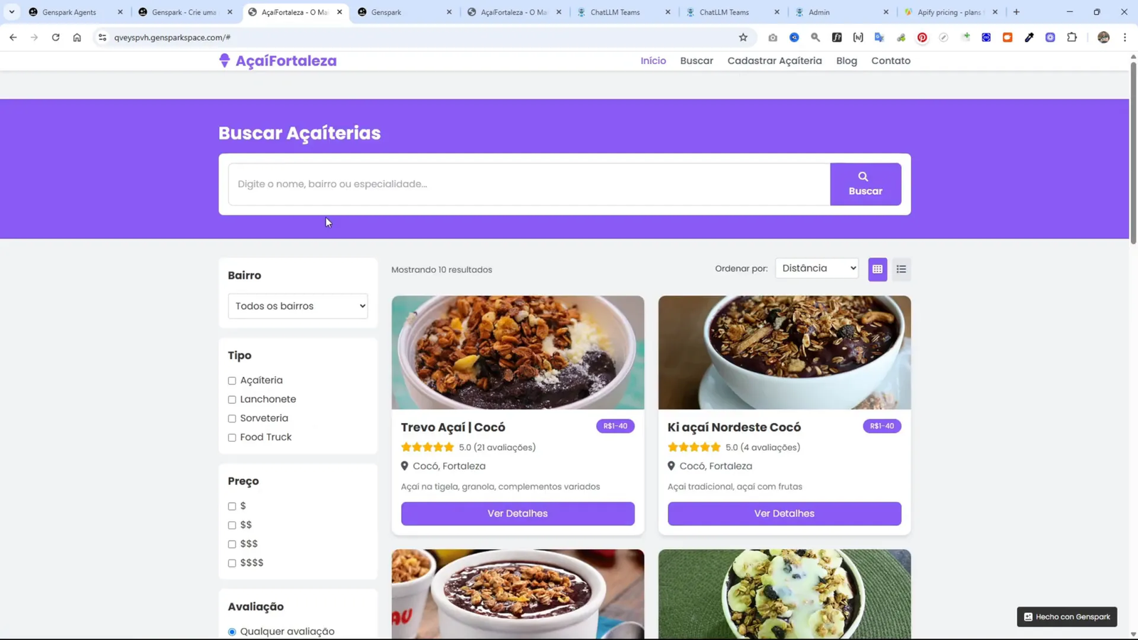 Interfaz del directorio mostrando locales de açaí con filtros y efectos visuales