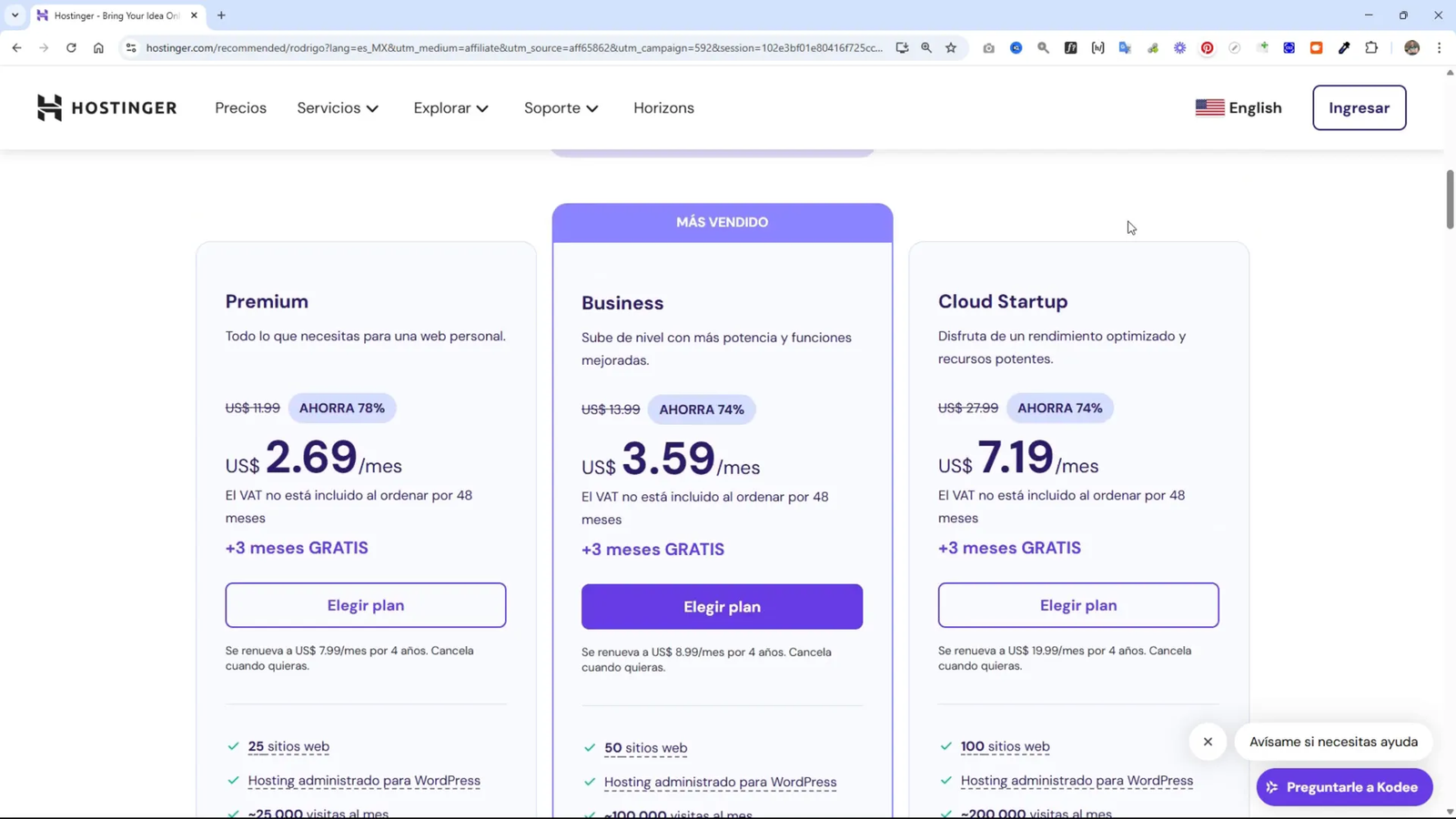 Elección del plan Business en Hostinger