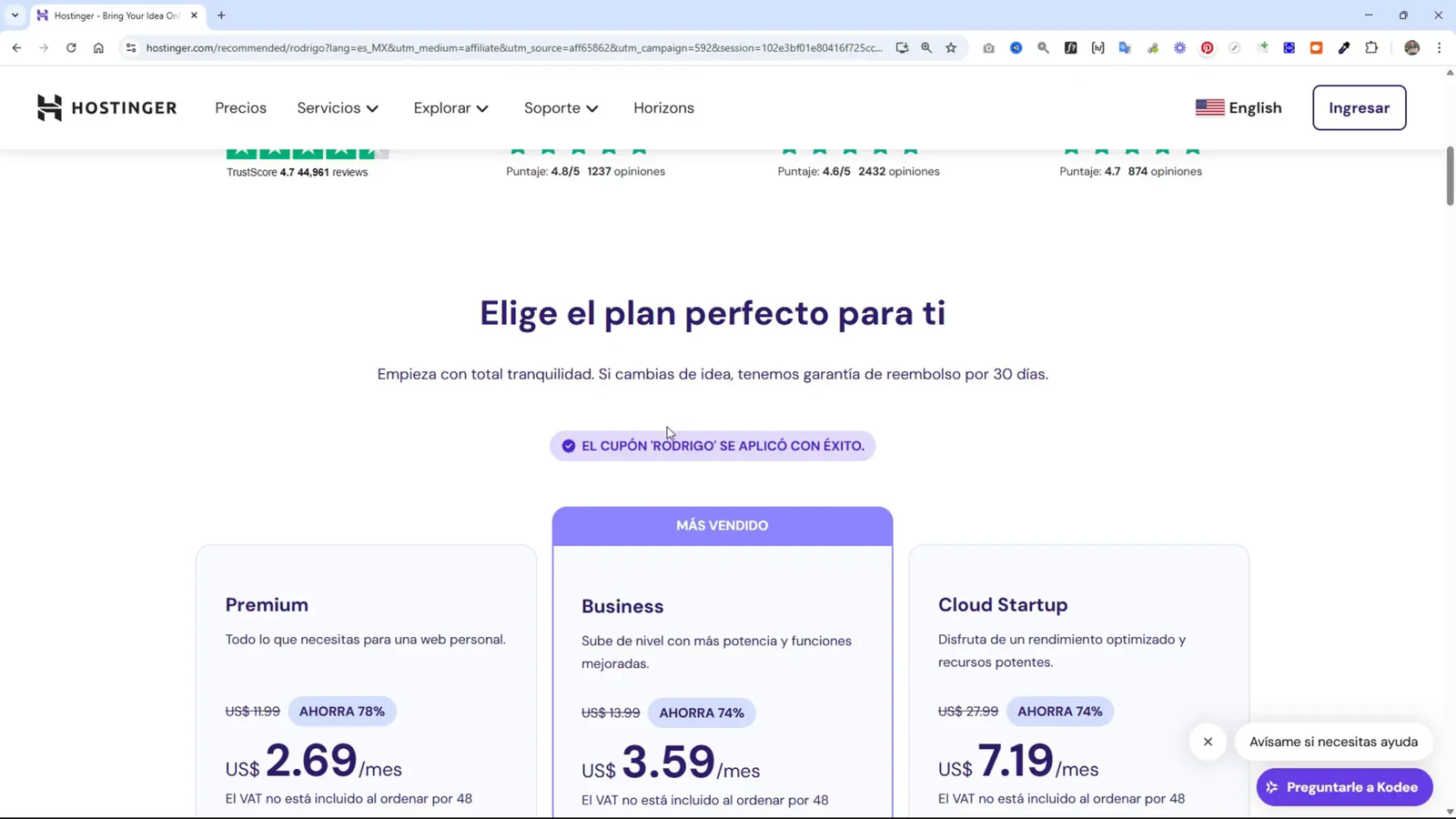Planes de hosting en Hostinger con opción Business recomendada