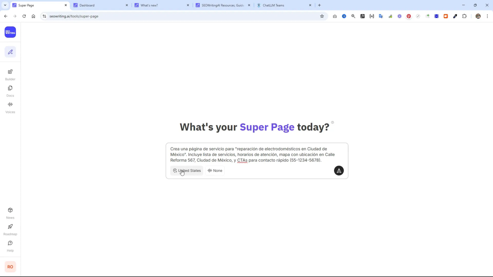 Crea Increíbles Páginas Web con este Agente IA para SEO 3 Ejemplo de creación de página de servicio en Super Page