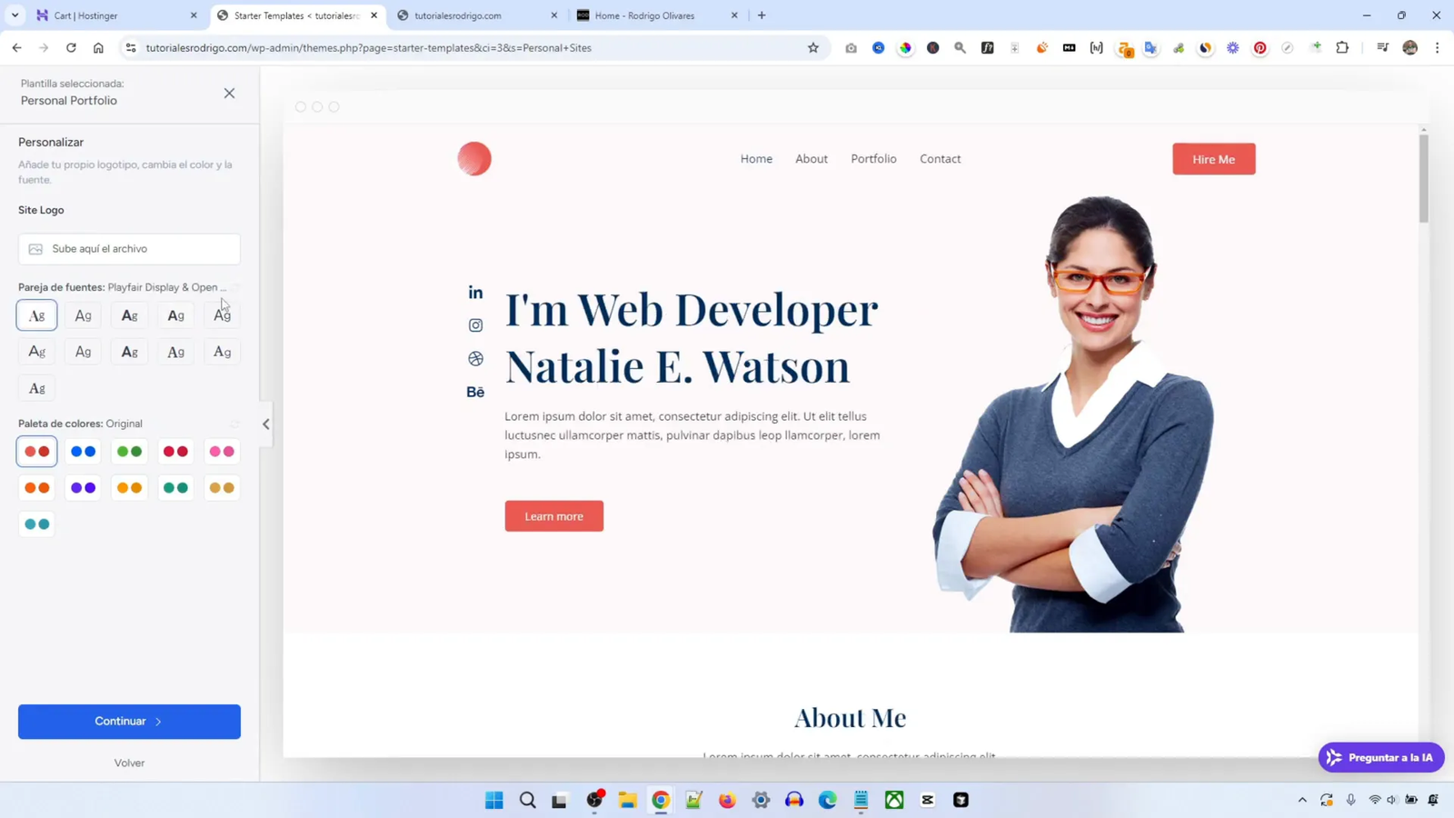 Personalización de fuentes y colores en plantilla Astra