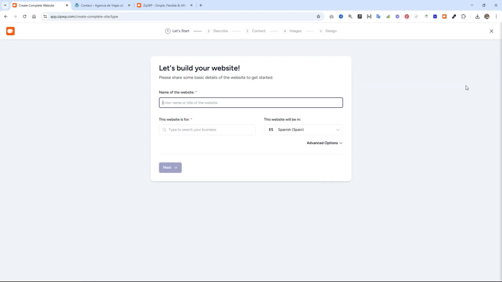 Creando un nuevo sitio web en ZipWP Pro