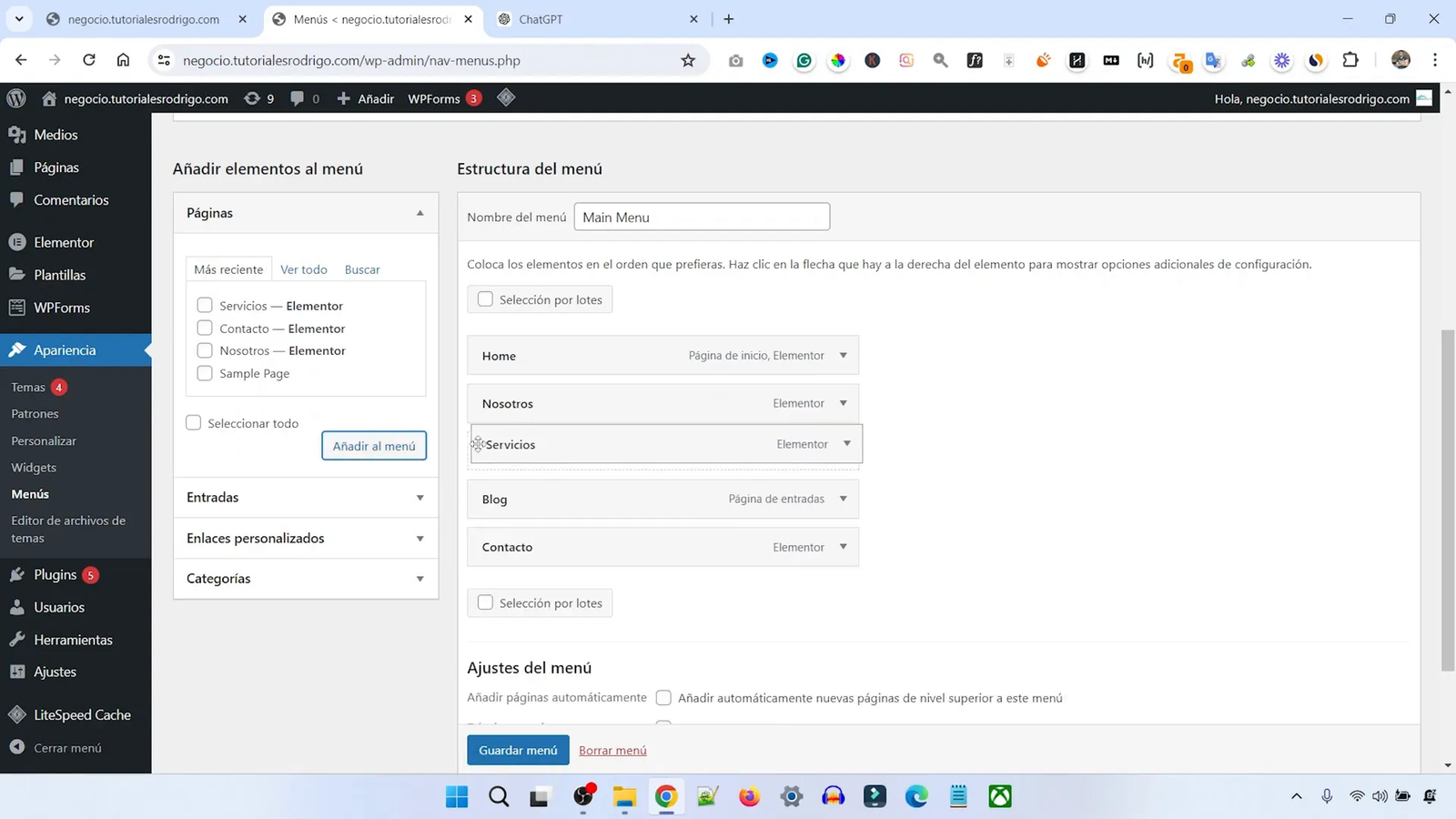 Agregar página de servicios al menú principal